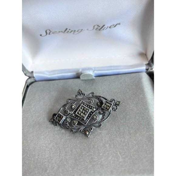 Marcasite Sterling Silver Art Deco Style Brooch Pin 1 3/4" in Box - Picture 2 of 5
